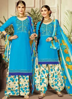 Fantastic Blue Cotton Satin Casual Wear Salwar Kameez