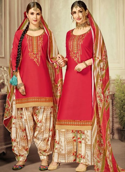 Stupendous Red Cotton Satin Casual Wear Salwar Kameez