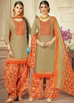 Charming Beige Cotton Satin Casual Wear Salwar Kameez