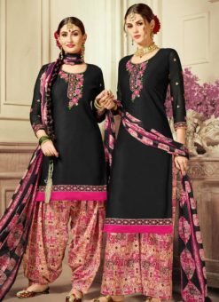 Awesome Black Cotton Satin Casual Wear Salwar Kameez