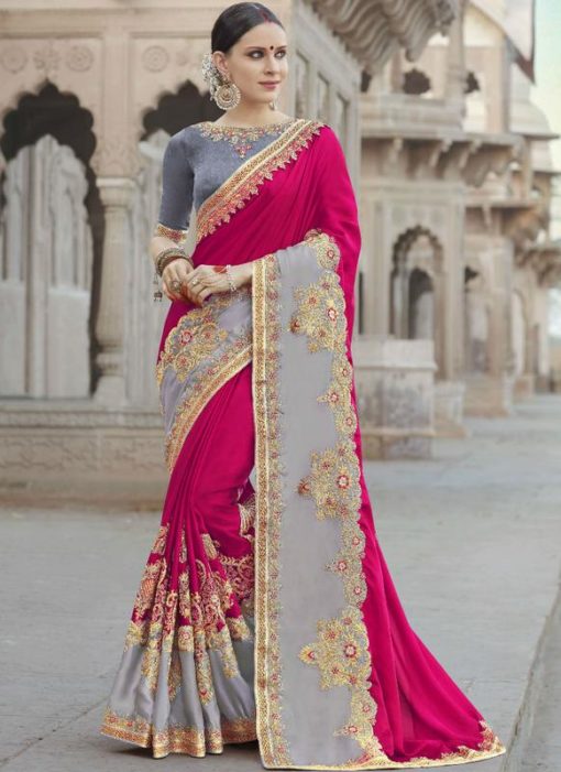 Fabulous Pink And Grey Georgette Silk Designer Wedding Wear Saree