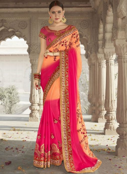 Attractive Pink And Peach Georgette Silk Wedding Wear Designer Saree