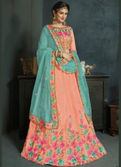 dazzling Peach Banarasi Silk Wedding Wear Lehenga Choli