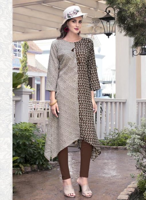 Elegant Beige And Brown Cotton Party Wear Printed Kurti