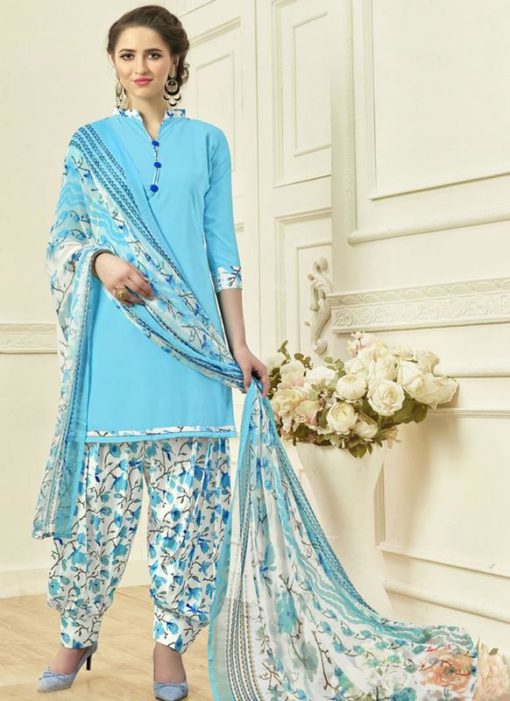 Blisful Blue Crepe Casual Wear Printed Patiyala Salwar Kameez