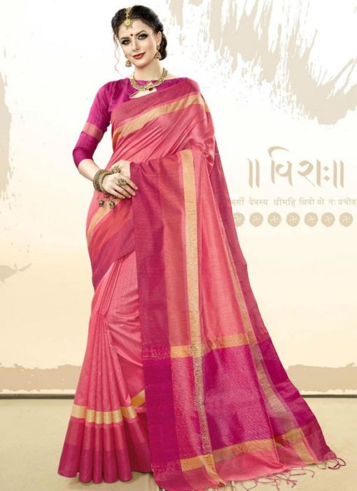 Lovely Pink Khadi Cotton Traditional Saree