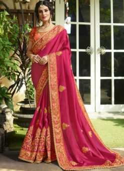 Charming Pink Satin Designer Embroidered Work Saree
