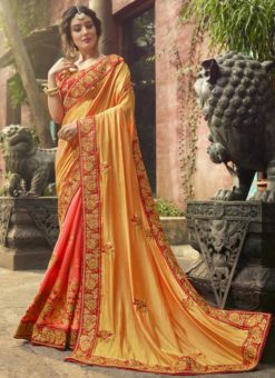 Amazing Yellow Silk Embroidered Work Designer Saree