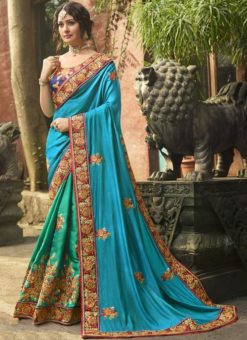 Blisful Blue Silk Embroidered Work Designer Wedding Saree