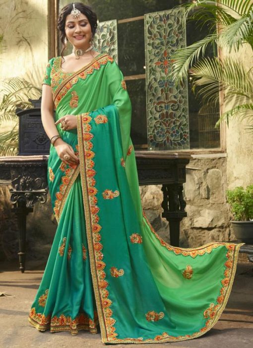 Stunning Green Satin Patch Border Designer Saree