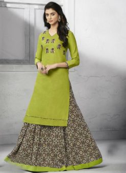 Fetching Green Cotton Party Wear Designer Kurti With Skirt