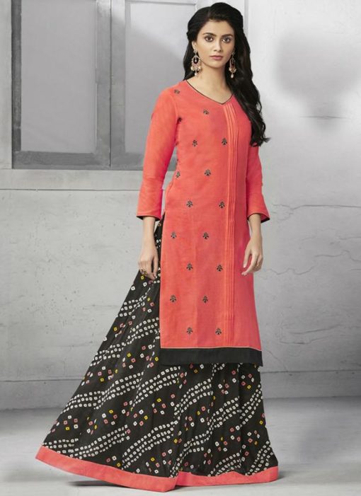 Lovely Peach Cotton Designer Party Wear Kurti With Skirt