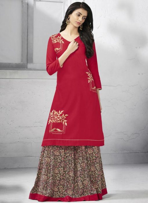 Excellent Red Cotton Designer Party Wear Kurti With Skirt