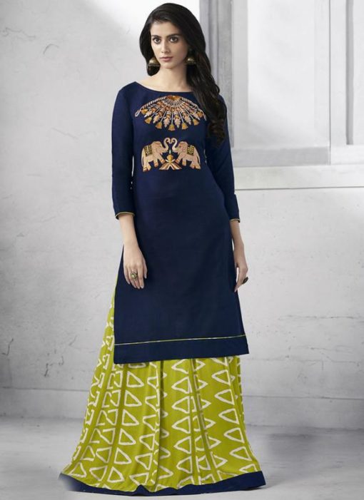 Graceful Navy Blue Cotton Party Wear Kurti With Skirt