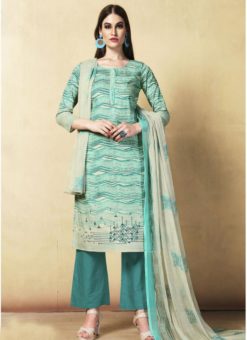 Superb Green Cotton Printed Casual Wear Palazzo Salwar Suit