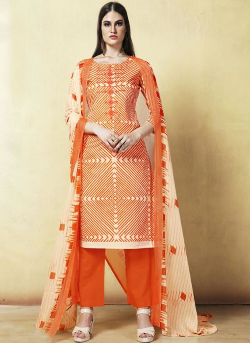 Excellent Orange Cotton Printed Casual  Wear Salwar Suit
