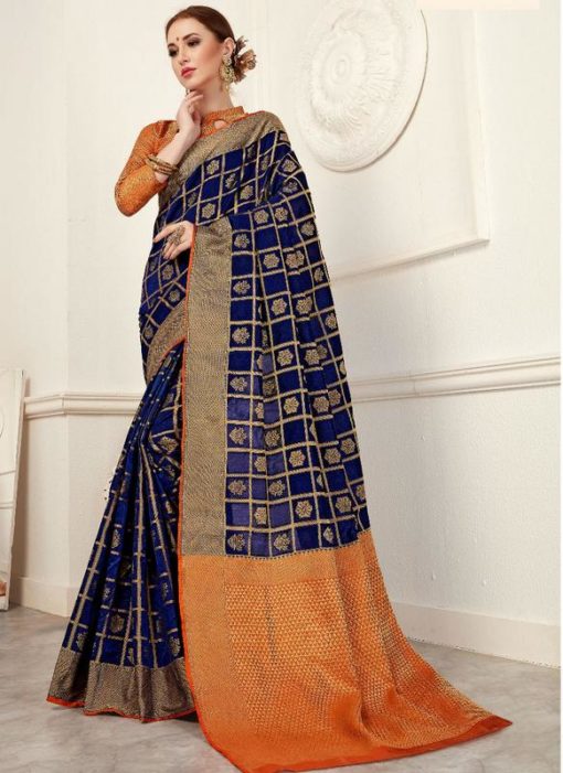 Attractive Orange And Blue Silk Traditional Saree