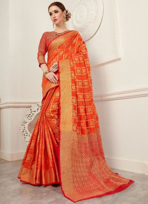 Lovely Orange And Red Silk Traditional Saree