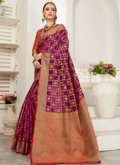 Amazing Purpel And Red Silk Traditional Saree