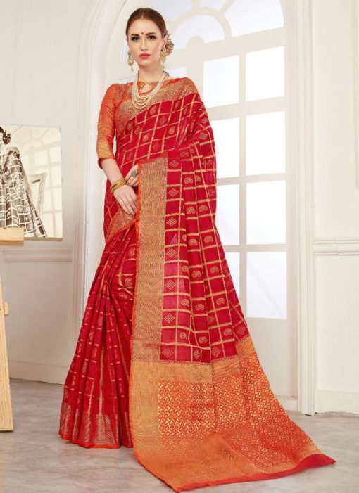Glorious Orange And Red Silk Traditional Saree