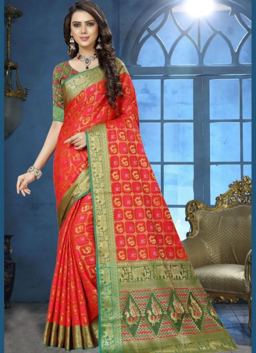 Lovely Red Jacquard Zari Print Traditional Saree