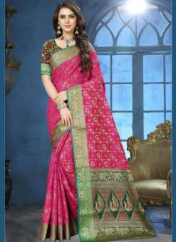 Delightful Pink Jacquard Zari Print Traditional Saree