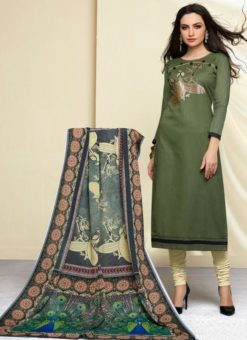 Dazzling Green Cotton Printed Party Wear Churidar Suit