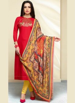 Amazing Red Cotton Printed Party Wear Churidar Suit