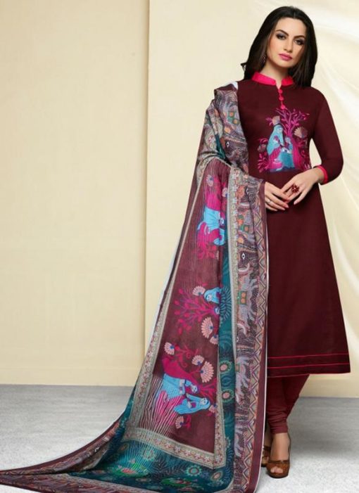 Sublime Maroon Cotton Printed Party Wear Churidar Suit