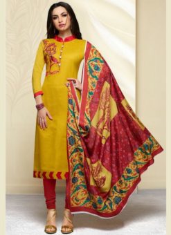 Pleasurable Yellow Cotton Printed Party Wear Churidar Suit