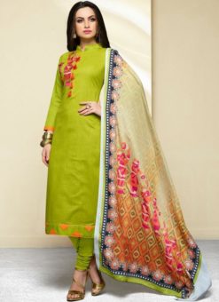 Spectacular Green Cotton Party Wear Printed Churidar Suit
