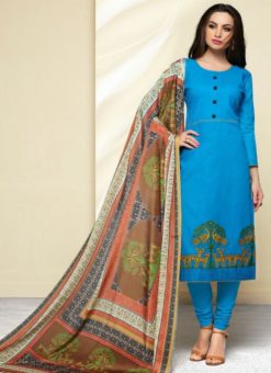 Stunning Blue Cotton Party Wear Printed Churidar Suit