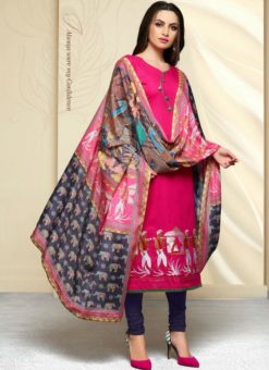 Awesome Pink Cotton Printed Party Wear Churidar Suit
