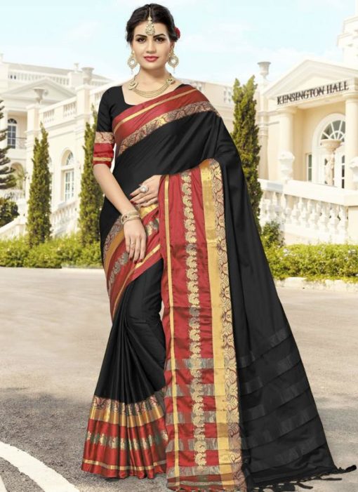 Elegant Black Traditional Cotton Silk Saree