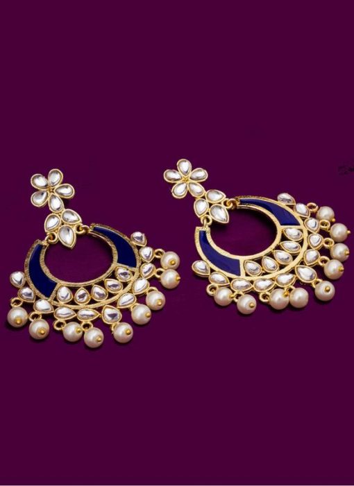 Attractive Golden and Blue Stone With Moti Earrings Set