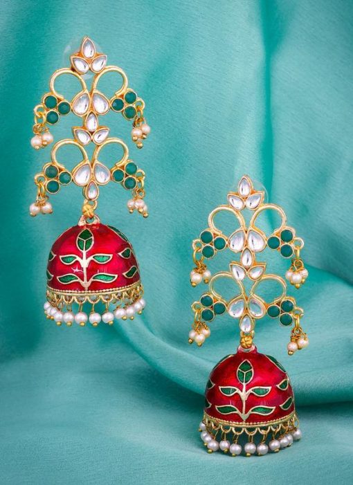 Excellent Golden And Red Color Jhumki Style Earrings