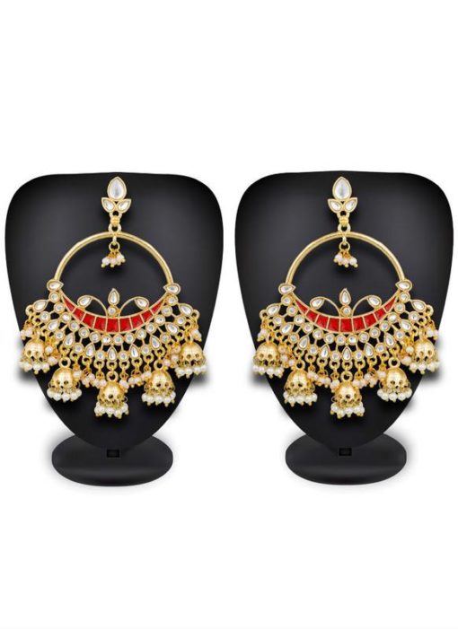 Elegant Traditonal Golden and Red Color Stone And Moti Work Earrings