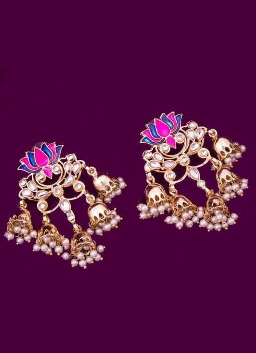 Attractive Golden and Pink Color Traditional Stone Earrings