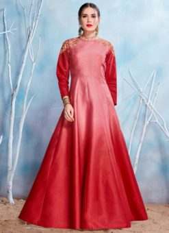 Amazing Shaded Pink And Red Satin Designer Party Wear Gown