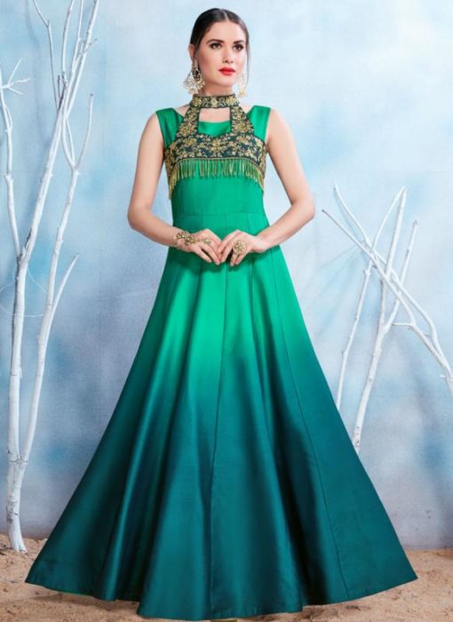 Glorious Sea Green Satin Party Wear Designer Gown
