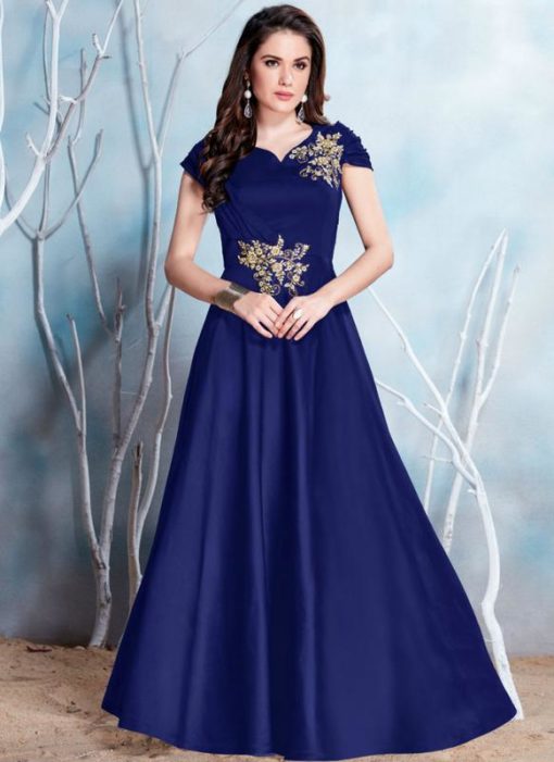 Attractive Navy Blue Party Wear Satin Designer Gown