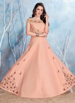 Elegant Peach Satin Party Wear Designer Gown
