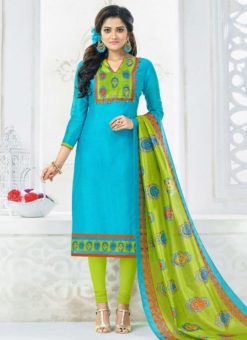 Lovely Turquoise Blue Chanderi Cotton Churidar Salwar Suit