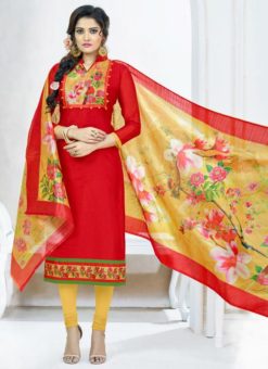 Attractive Red Chanderi Cotton Churidar Salwar Suit