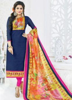 Glorious Navy Blue Chanderi Cotton Digital Print Churidar Salwar Suit