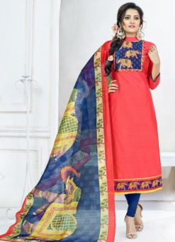 Amazing Peach Chanderi Cotton Digital Print Churidar Salwar Suit