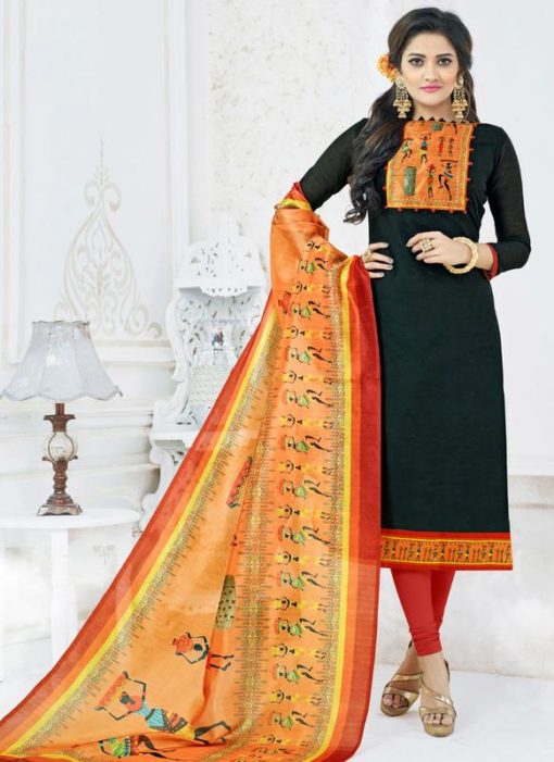 Excellent Black Digital Print Chanderi Cotton Churidar Salwar Suit