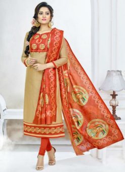 Delightful Beige Chanderi Cotton Digital Print Churidar Salwar Suit