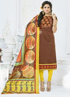 Blisful Brown Digital Print Chanderi Cotton Churidar Salwar Suit
