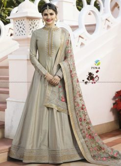 Splendid Grey Silk Designer Party Wear Anarkali Salwar Suit